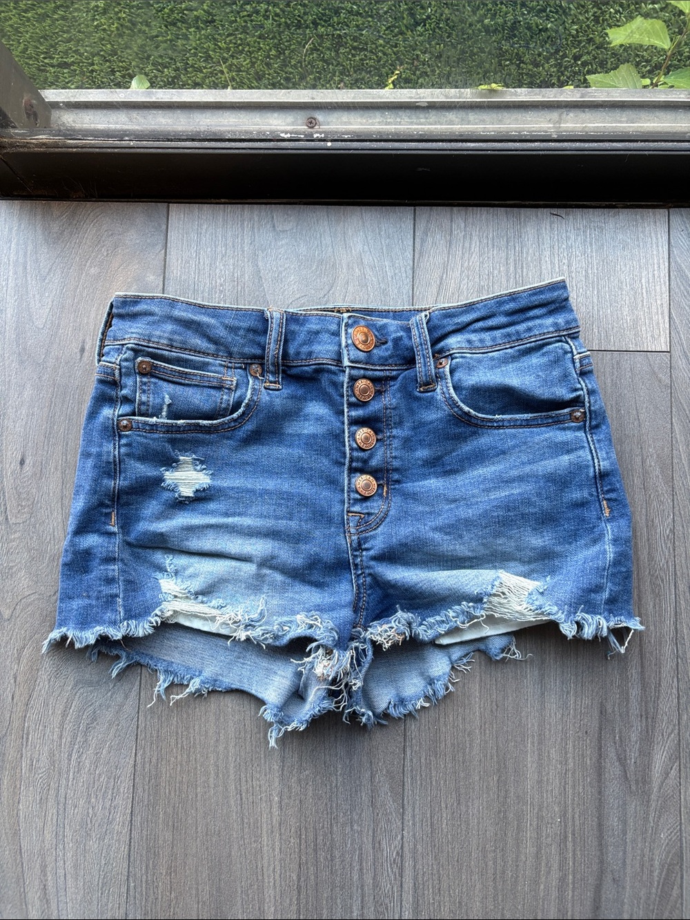 American Eagle Outfitters Distressed High-Rise Jean Shorts - Blue
